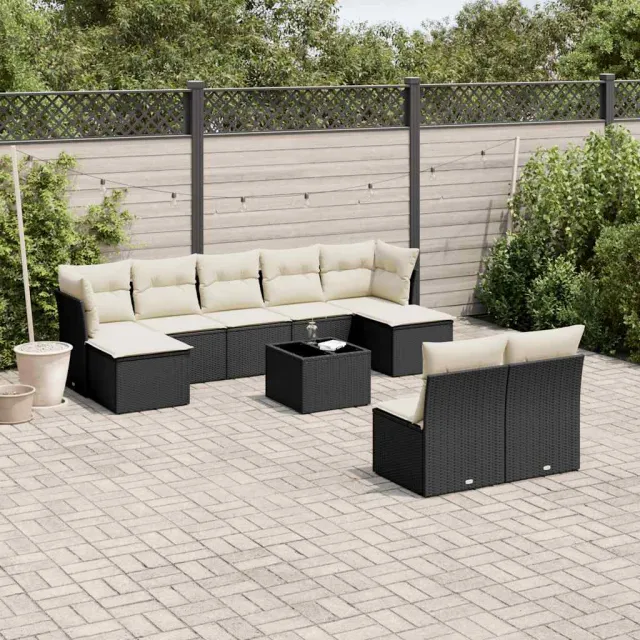 vidaXL 10-delige Loungeset met kussens poly rattan zwart, foto 2