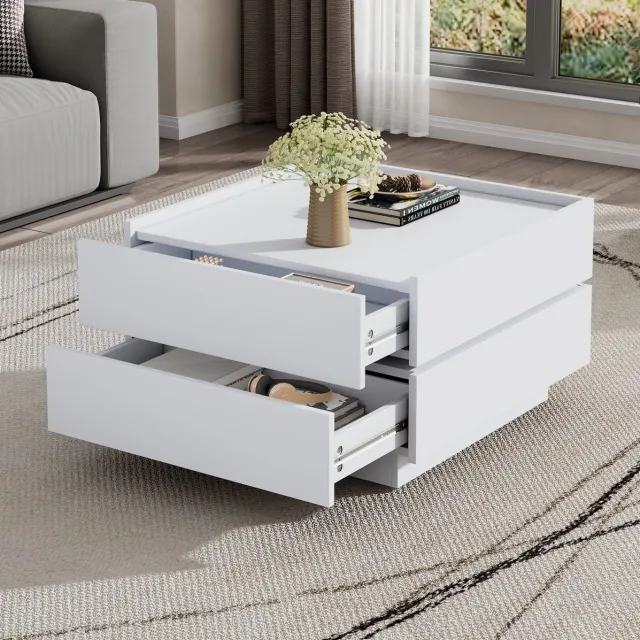 MODENUIT Salontafel - 360° Draaibaar Blad Met 2 Lades - Woonkamer En Lounge - Spaanplaat - Wit - 60x60x38 Cm