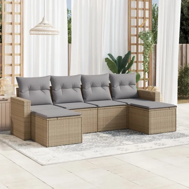 vidaXL 6-delige Loungeset met kussens poly rattan beige, foto 2