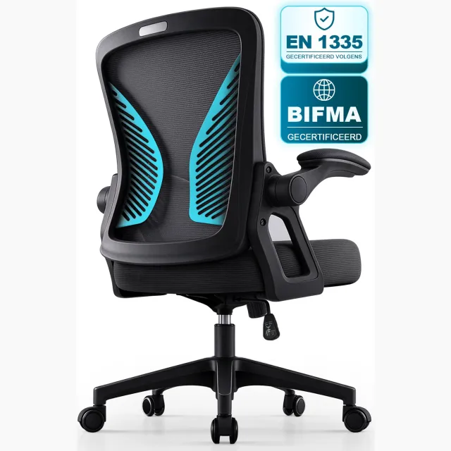 Milacyee Bureaustoel - Ergonomische Bureaustoel - Office Chair - Bureaustoelen voor Volwassenen - Computerstoel met Mesh Rugleuning & Lendensteun - 90° Opklapbare Armleuningen - Stille Wieltjes - Tot 130 kg, Zwart - Geschikt voor Thuiswerk en Kantoor