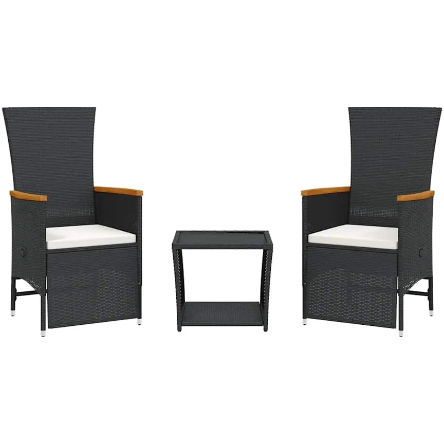 vidaXL 3-delige Tuinset met kussens poly rattan zwart