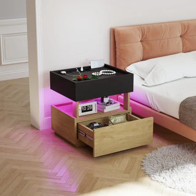 FloraGrace Nachtkastje - Met Draadloos Opladen, USB En LED-Verlichting - Voor Slaapkamer Of Naast De Bank - Hout - 50x40x50 Cm - Zwart Naturel