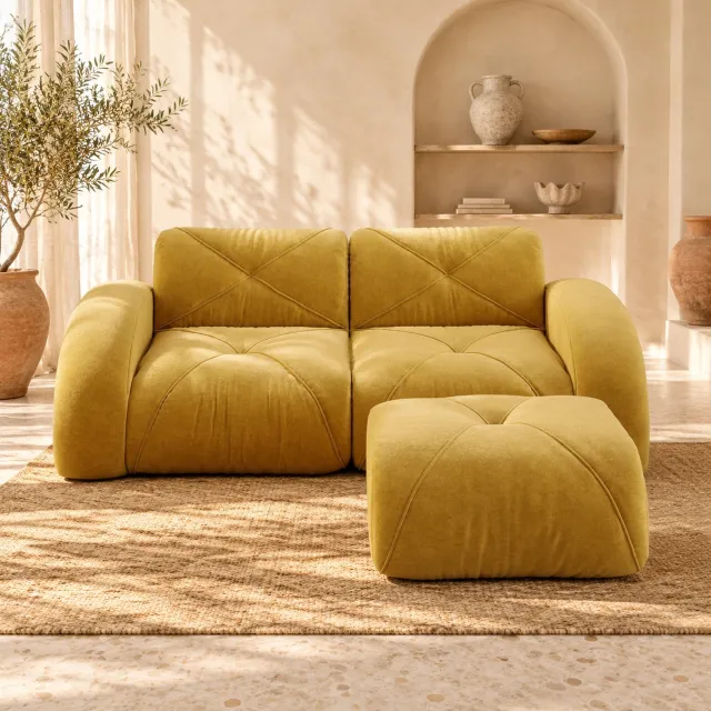 WUVRIE Modulaire 2-zitsbank met hocker - Chenille en 32D-schuim - Geel