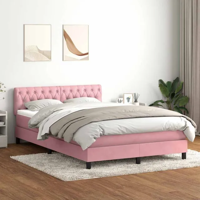 vidaXL Boxspring met matras en LED fluweel roze 140x220 cm