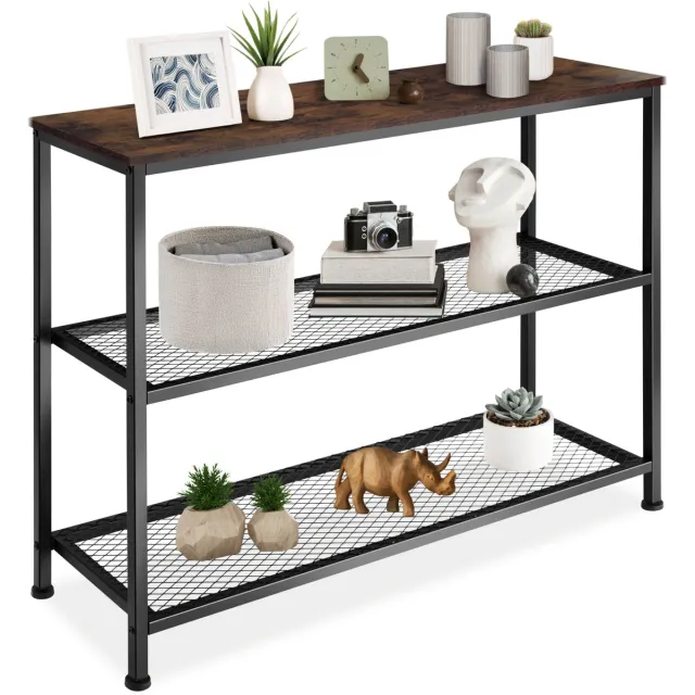 Tectake Consoletafel van hout en metaal - Slanke haltafel - 2 roosterplanken - Perfect voor hal of woonkamer - Industrieel design - Zwart metalen frame - Afmeting (LxBxH) 100 x 30 x 81 cm - Donkerbruin