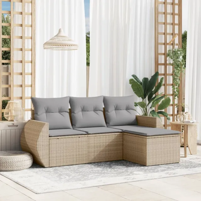 vidaXL 4-delige Loungeset met kussens poly rattan beige, foto 2