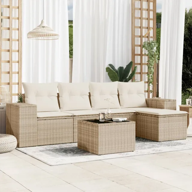 vidaXL 6-delige Loungeset met kussens poly rattan beige, foto 2