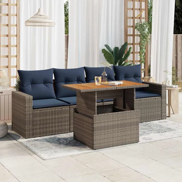 vidaXL 5-delige Loungeset met kussens poly rattan grijs, foto 2