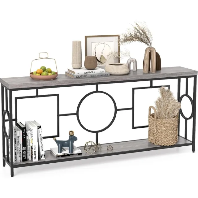 Costway Vintage consoletafel 180 cm, haltafel met 2 niveaus, banktafel smal met metalen frame, entreetafel, hout, bijzettafel voor woonkamer, kantoor en entrée Grijs