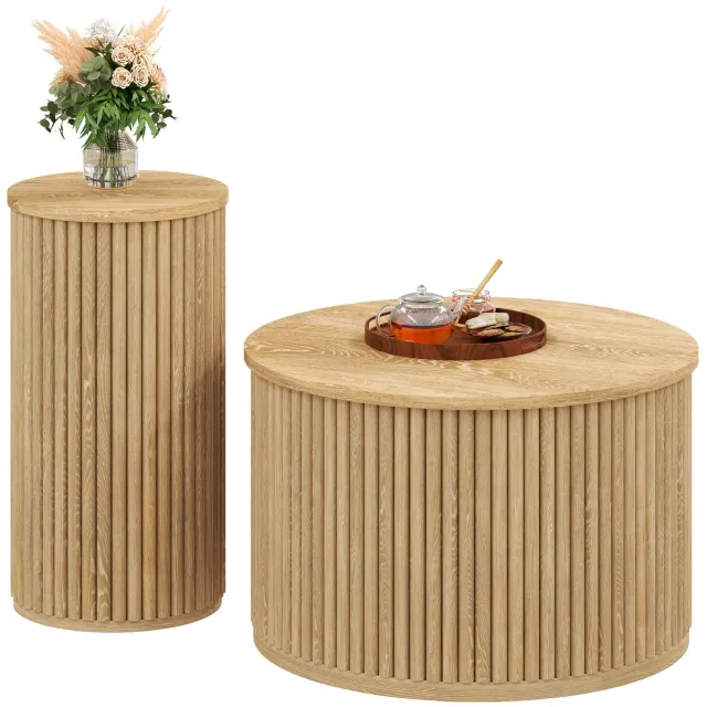 Clruro Salontafel - Set van 2 - Rond en Houten Latten - Multifunctioneel en Modern - Hout - Naturel