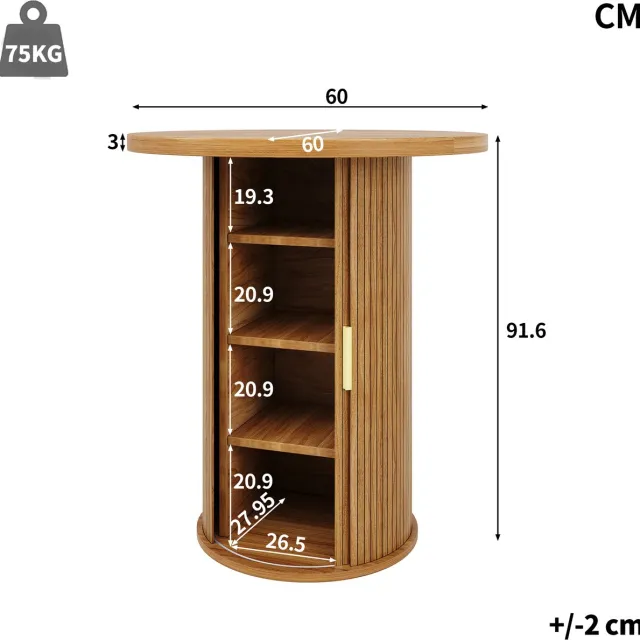 FloraGrace Bartafel - Ronde Statafel Met Opbergkast En Schuifdeur - Voor Woonkamer En Barruimte - MDF En Metaal - 60x60x91,6 Cm Walnoot