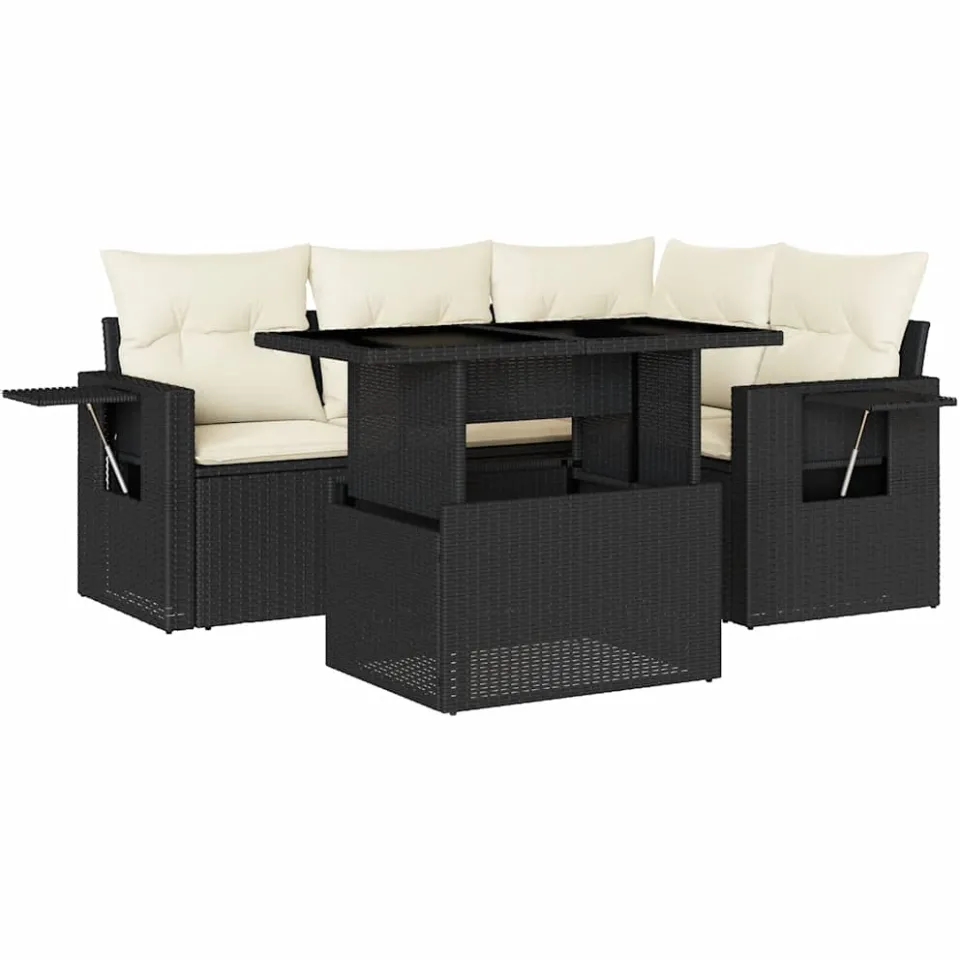 vidaXL 5-delige Loungeset met kussens poly rattan zwart