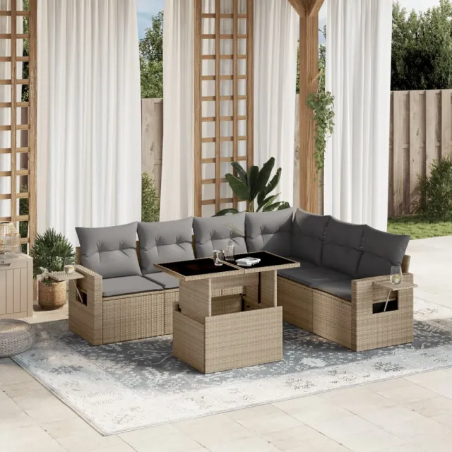 vidaXL 7-delige Loungeset met kussens poly rattan beige, foto 2