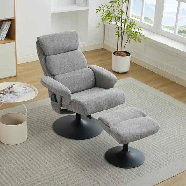 KOMHTOM BLACKCOLORS Relaxfauteuil met verstelbare rugleuning en 5-puntsmassage, tv-fauteuil met elektrische verwarming en voetensteun, 360° draaibaar, grijs chenille