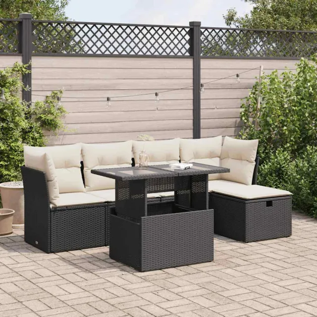 vidaXL 6-delige Loungeset met kussens poly rattan zwart, foto 2