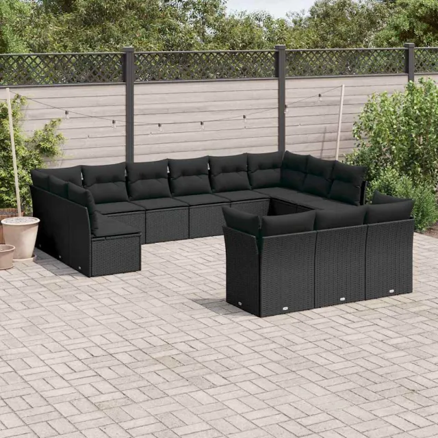 vidaXL 13-delige Loungeset met kussens poly rattan zwart, foto 2