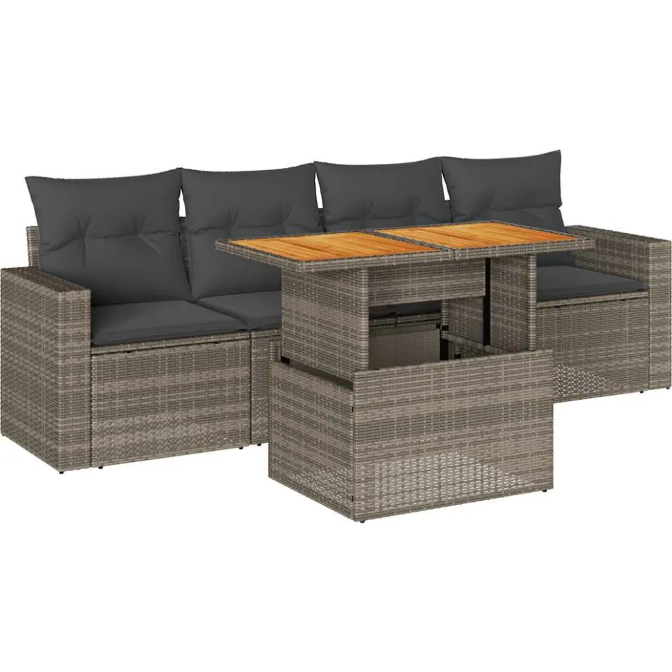 vidaXL 5-delige Loungeset met kussens poly rattan grijs, foto 3