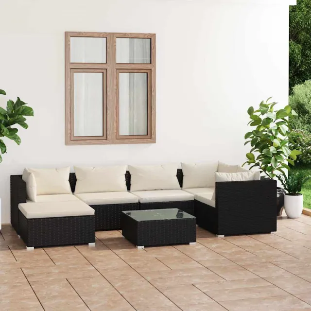 vidaXL 7-delige Loungeset met kussens poly rattan zwart, foto 2