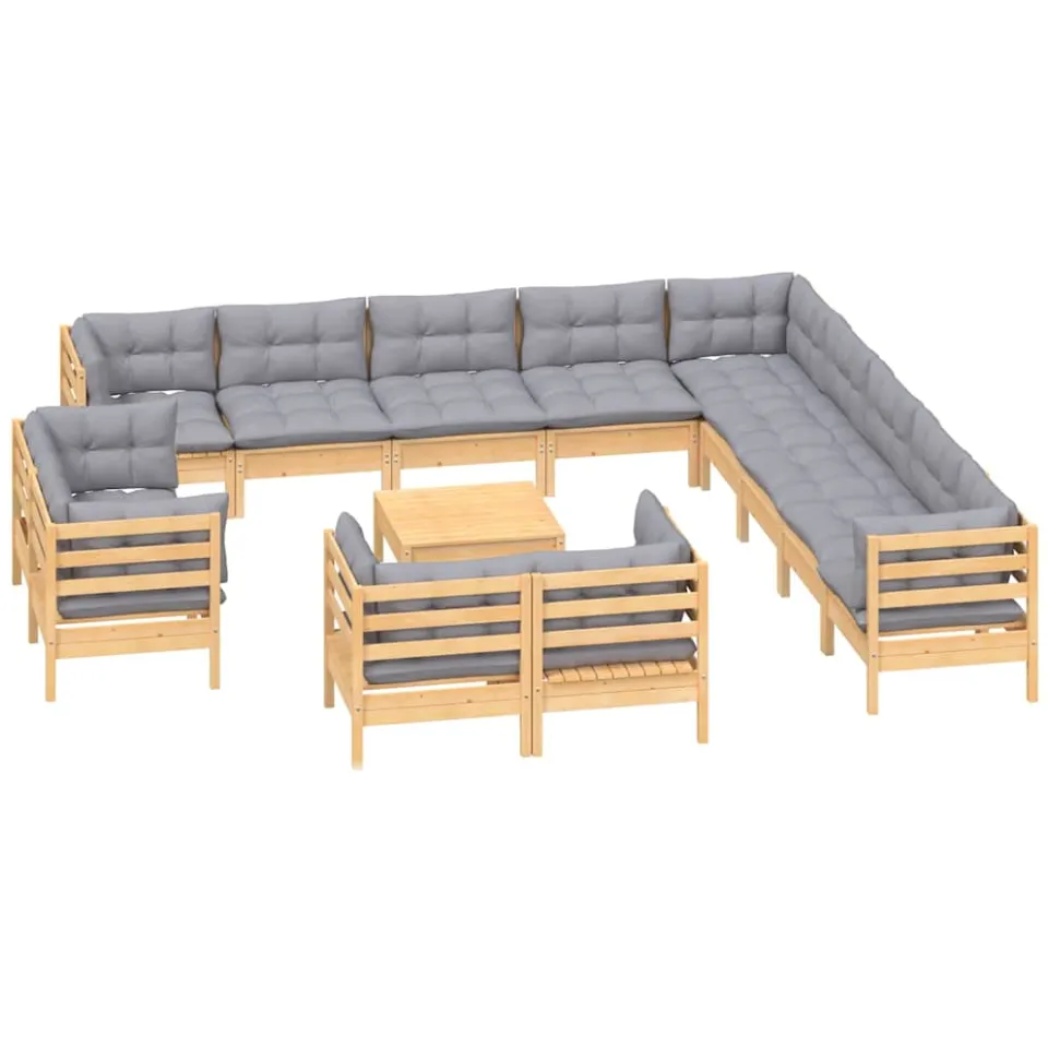 vidaXL 14-delige Loungeset met grijze kussens massief grenenhout Grijs