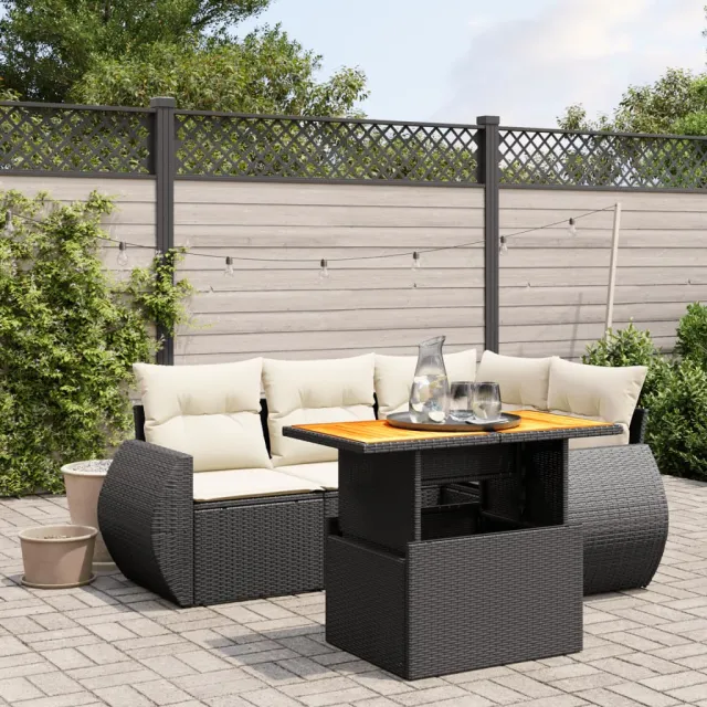 vidaXL 5-delige Loungeset met kussens poly rattan zwart, foto 2