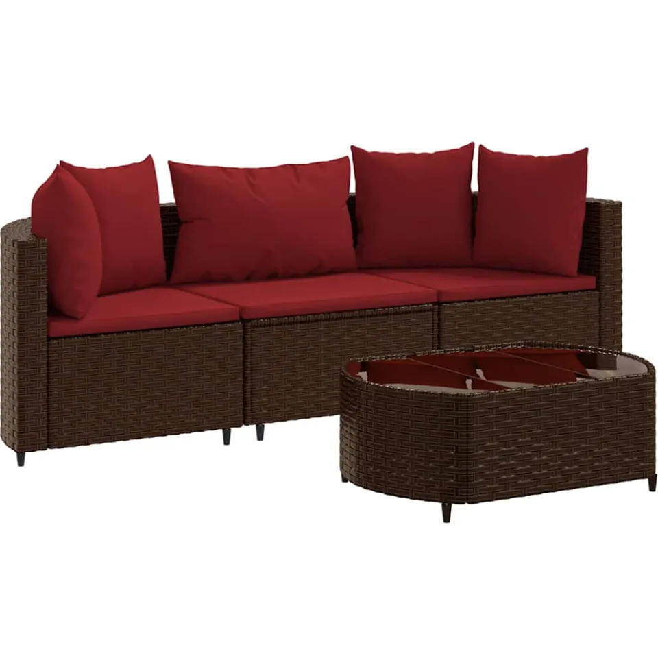 vidaXL 4-delige Loungeset met kussens poly rattan bruin