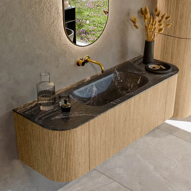Mondiaz KURVE-DLUX 140 cm Onderkast Greeploos 1 Lade Met Deuren Oak, Wastafel Solid Surface Midden Lava 0 Kraangaten Zonder Spiegel (KRVBGS140L+R1L2D0KM-Oak/Lav)