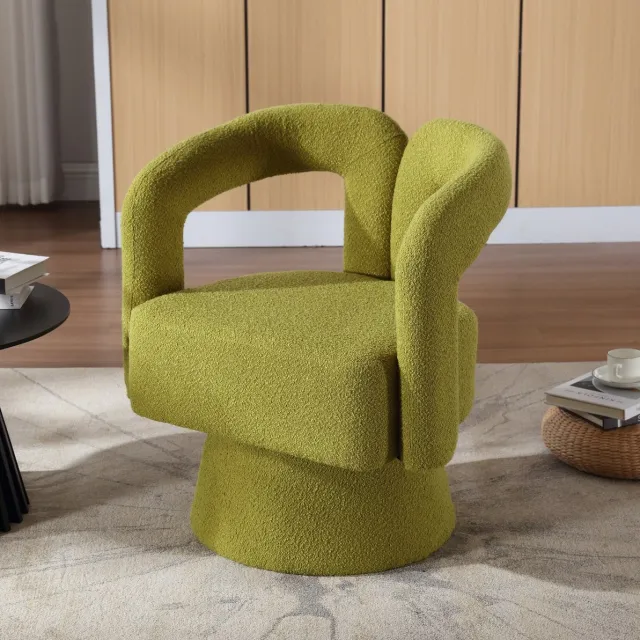 MEUNIQ draaibare fauteuil 360 graden met bouclé stof en armleuningen, B67 x D55 x H74 cm, zitting 44 cm hoog, olijfgroen voor woonkamer of slaapkamer