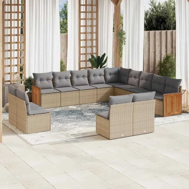vidaXL 13-delige Loungeset met kussens poly rattan beige, foto 2