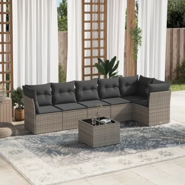 vidaXL 7-delige Loungeset met kussens poly rattan grijs, foto 2