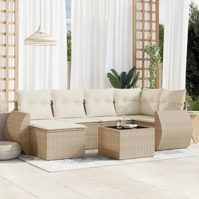 vidaXL 7-delige Loungeset met kussens poly rattan beige, foto 2