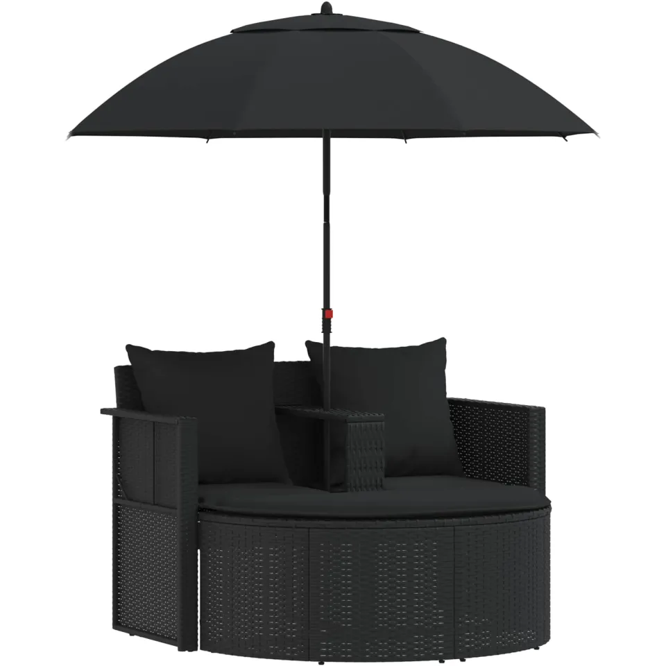 vidaXL Tuinbed met parasol poly rattan zwart