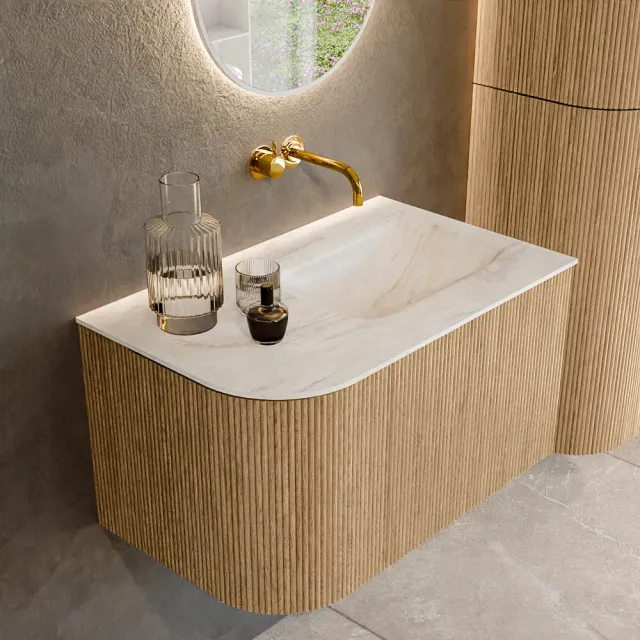 Mondiaz KURVE-DLUX 75 cm Onderkast Greeploos 1 Lade Met Deuren Oak, Wastafel Solid Surface Rechts Ostra 0 Kraangaten Zonder Spiegel (KRVGRU75L1L1D0KR-Oak/Ost)