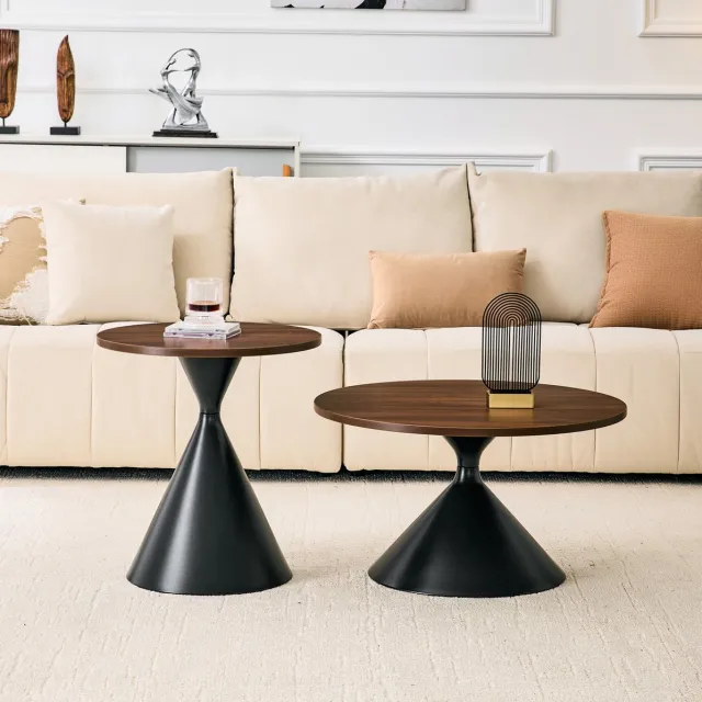MODFU Salontafel Set - Rond - Walnootlook - Zwart Metaal - Nestbaar - Modern