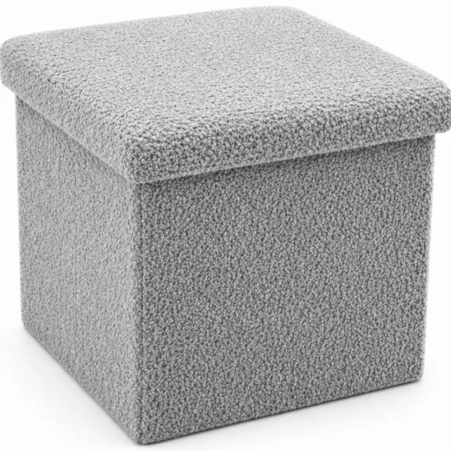 LUXALIVING Opbergpoef Grijs – Opvouwbare Poef met Opbergruimte – Bouclé Teddy Stof – Hocker met Deksel – Voetenbank 35x35 cm