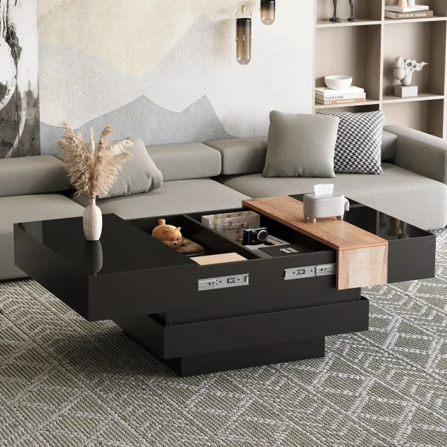 HAUSS SPOLE Salontafel - Uittrekbare Vierkante Salontafel Met Verborgen Opbergruimte En Hoogglans Bovenblad - MDF - 70x70x39 cm - Zwart