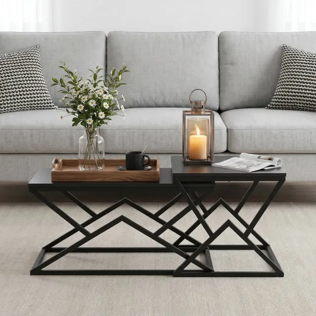 DESMIU Salontafel - Zwart Geometrisch Design Met Metalen Frame En Spaanplaat - Voor Woonkamer En Lounge - 80 X 50 X 40 Cm