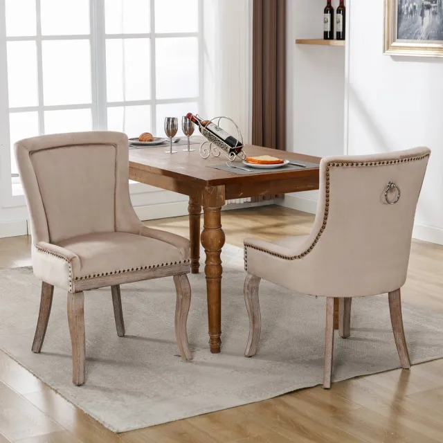 DESMIU Eetkamerstoel - 55 x 61 x 91 Cm - Set Van 2 Met Armleuningen, Hoge Rugleuning En Nagelkopdetails - Voor Eetkamer En Woonkamer - Velvet Beige
