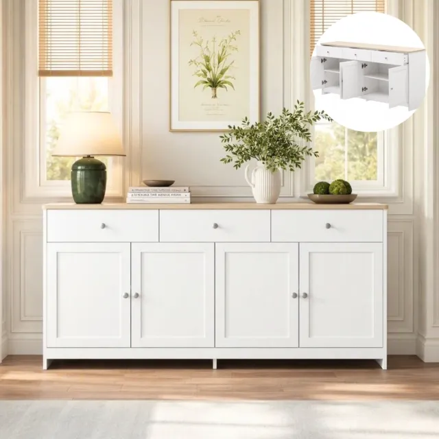 Yelenaro Buffetkast 160x37x75 cm, Keukenkast Dressoir met 4 deuren en 3 lades, Opbergmeubel met verstelbare legplanken en zilverkleurige handgrepen, Moderne Scandinavische stijl, Wit