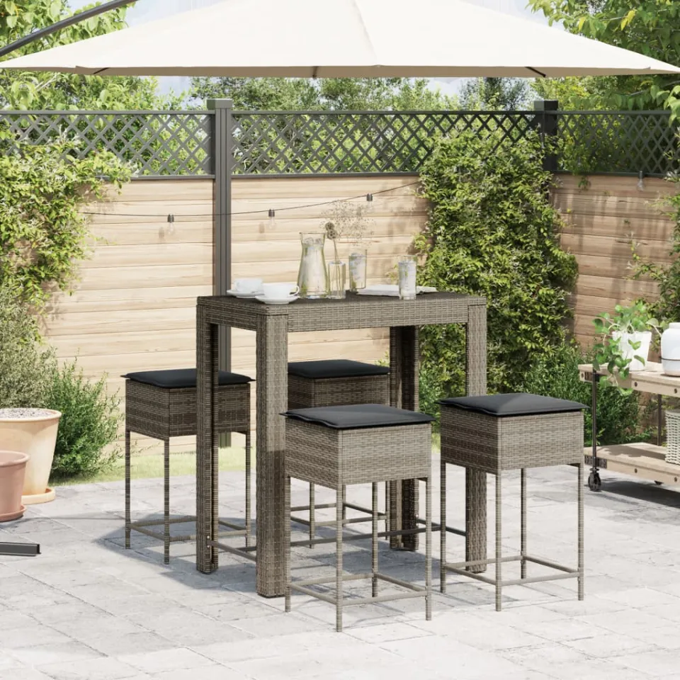 vidaXL 5-delige Tuinbarset met kussens poly rattan grijs, foto 3