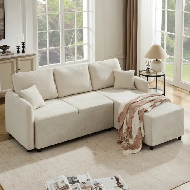 OKWISH Hoekbank 187,5 x 144 cm - 3-Zits Met L-Vormige Relaxhoek En 2 Kussens - Hoog Zitcomfort Voor Woonkamer Of Studentenkamer - Chenille - Lichtbeige licht beige