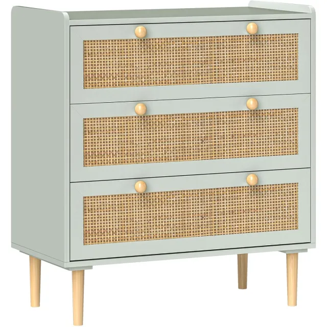 Homcom ladekast met 3 lades rotan fronten - Commode - Dressoir slaapkamer - Groen Grün