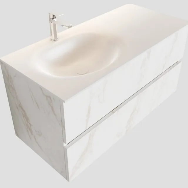 Boss & Wessing Badkamermeubel BWS Madrid Carrara Mat 100 cm Solid Surface Wastafel Links (1 kraangat, 2 lades)