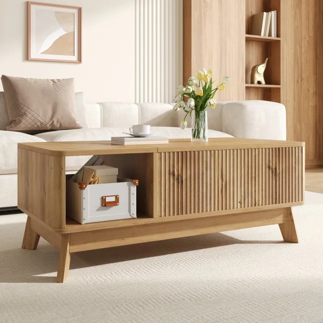 Wishdor Salontafel met lift-top - Hoogte instelbaar en opbergruimte - Open vak - Modern ontwerp - Rechthoekig - MDF - Naturel - 95 x 48 x 50 cm Natural