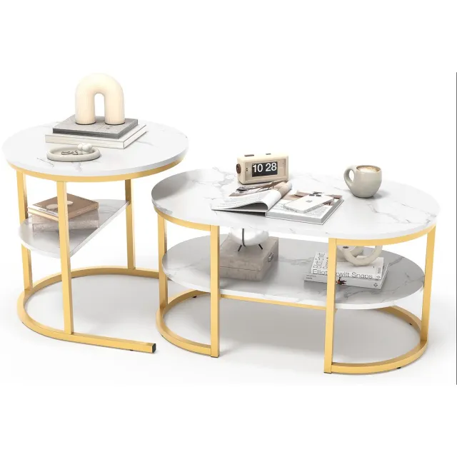 ROSAHQNDA Salontafelset, tweedelige set met in elkaar schuifbare tafel, bijzettafel, woonkamertafel met plank, stapelbare banktafel, goud Goud-ovaal