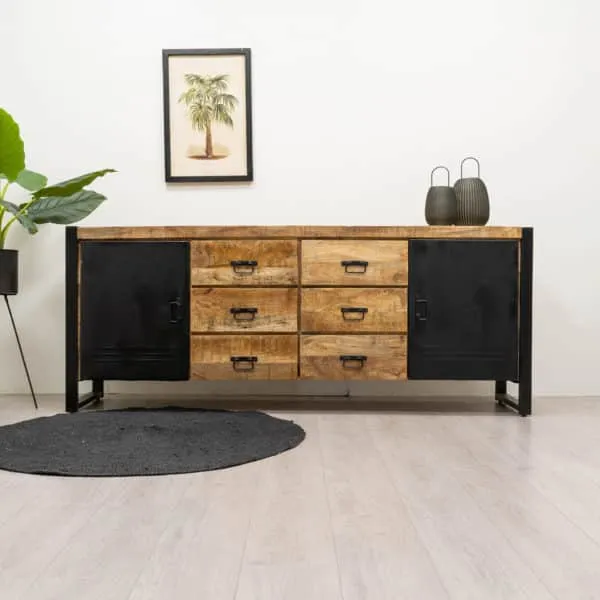 NordXL Mangohout dressoir Tygo met 2 stalen deuren en 6 lades | OUTLET