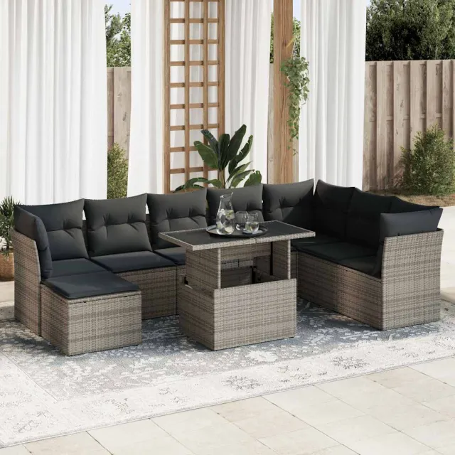 vidaXL 9-delige Loungeset met kussens poly rattan grijs, foto 2