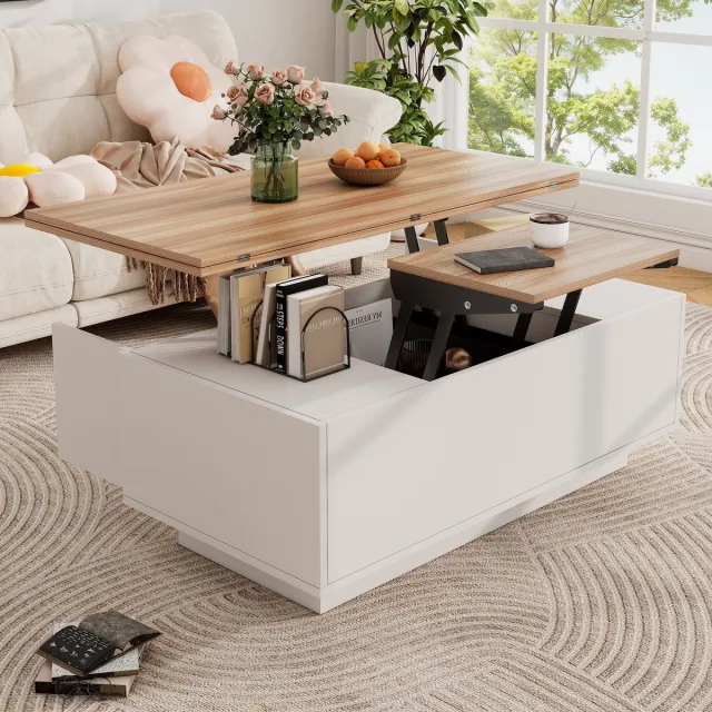 Merax Modern salontafel - inklapbare tafel - met dubbele liftmechanismen en verborgen opbergruimte - wit en houtkleur