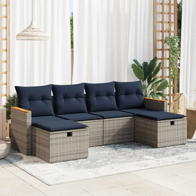 vidaXL 6-delige Loungeset met kussens poly rattan grijs, foto 2