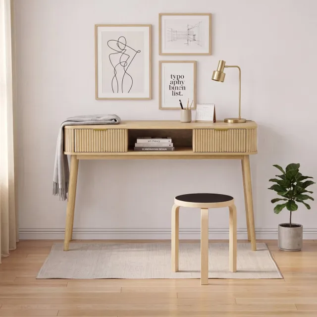 REDOM Consoletafel - 2 lades en open vak - Antikantelbeveiliging - Mid-Century vintage - Hal en woonkamer - MDF en hout - Eiken - 120 x 35 x 77,6 cm Oak