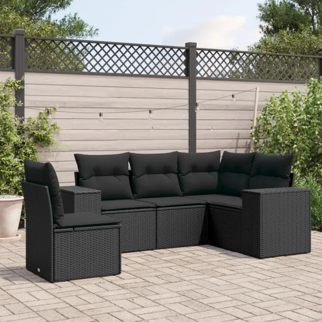 vidaXL 5-delige Loungeset met kussens poly rattan zwart, foto 2